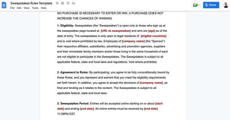 sweepstakes rules document