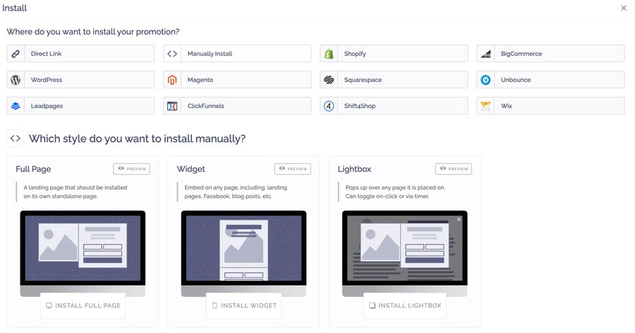 Viralsweep giveaway landing page options