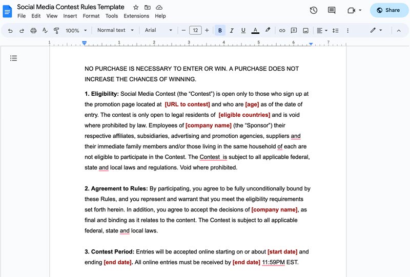 Social Media Contest Rules Template
