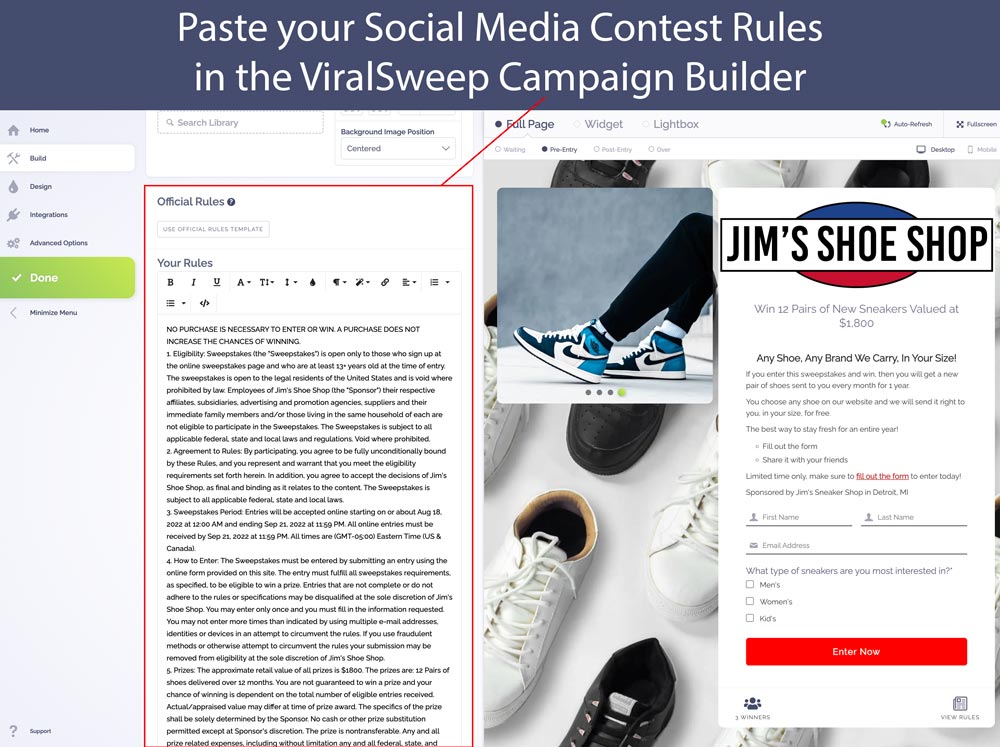 Launch your social media contest after pasting your official social media contest rules in the ViralSweep campaign builder