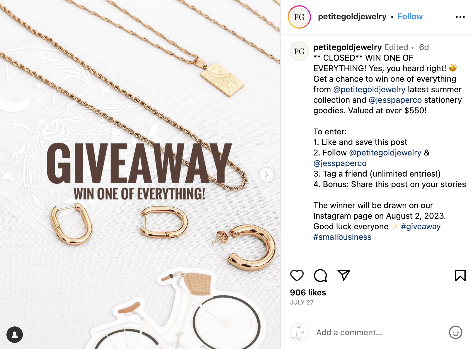 How to word a giveaway post - Successful Instagram giveaway example  - Petite Gold Jewelry giveaway