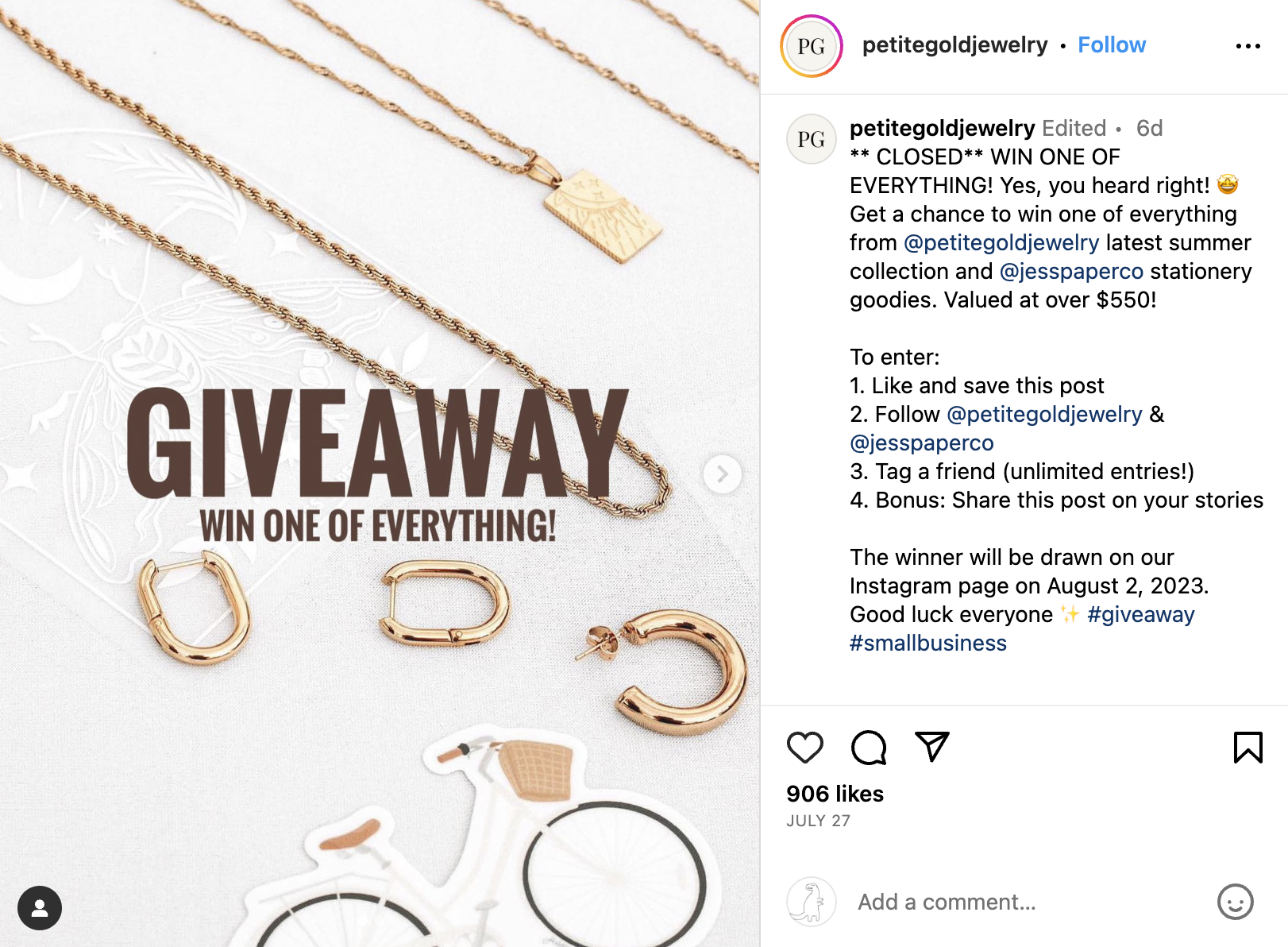 How to word a giveaway post - Successful Instagram giveaway example - Petite Gold Jewelry giveaway