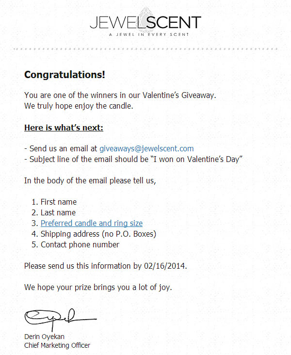 JewelScent Winner Email